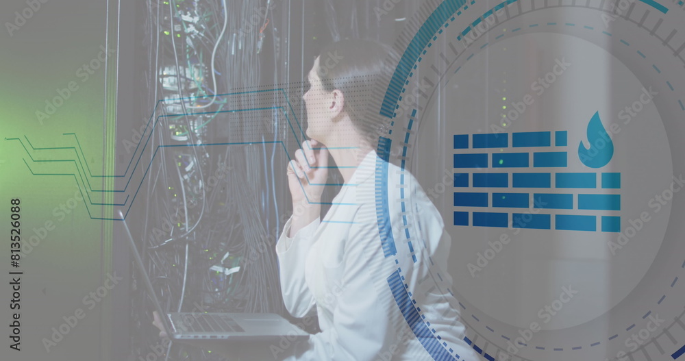 Poster image of firewall icon over caucasian female engineer checking data server using laptop