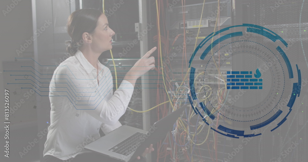 Poster image of firewall in loading circles, caucasian female engineer checking server using laptop