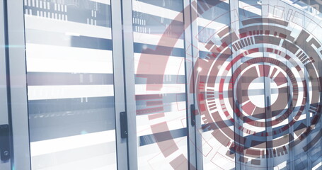 Image of loading circles and moving bars on data server racks in server room