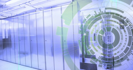 Image of loading circles and lens flares on data server racks in server room