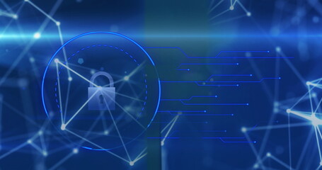 Image of padlock in circle with illuminated connected dots and lines on abstract background