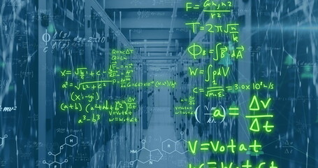 Image of mathematical equations over connected dots on data server racks in server room