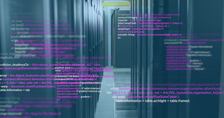 Image of multicolored computer language over data server racks in server room