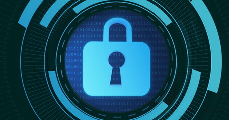 Image of padlock in moving circles with binary codes
