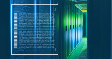 Image of loading bars and computer language over data server room