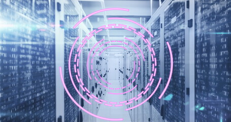 Image of loading circles over binary codes on data server racks in server room
