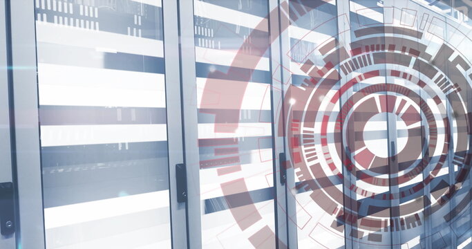 Image of loading circles and moving bars on data server racks in server room - Powered by Adobe