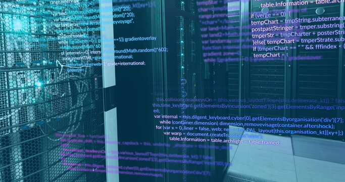 Image of multicolored computer language over illuminated data server systems - Powered by Adobe