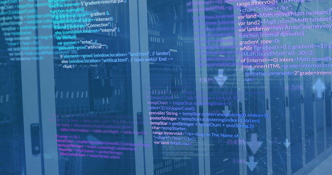 Image of computer language and connected icons over data server racks in server room