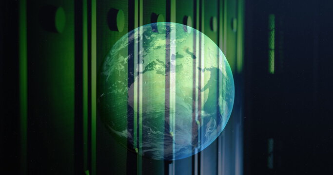 Image of moving globe against server room in background - Powered by Adobe