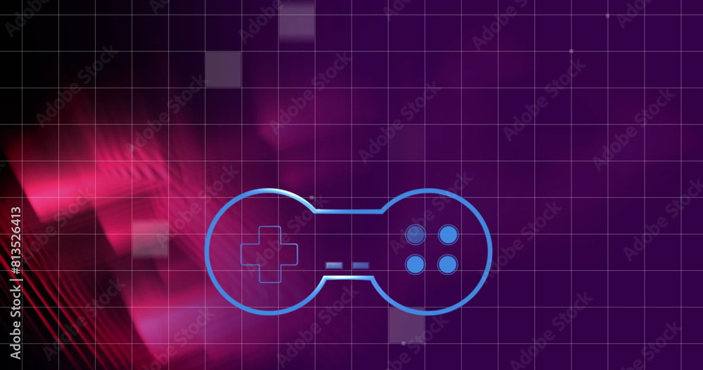 Poster imagegame controller icon over grid network against abstract shapes on purple background