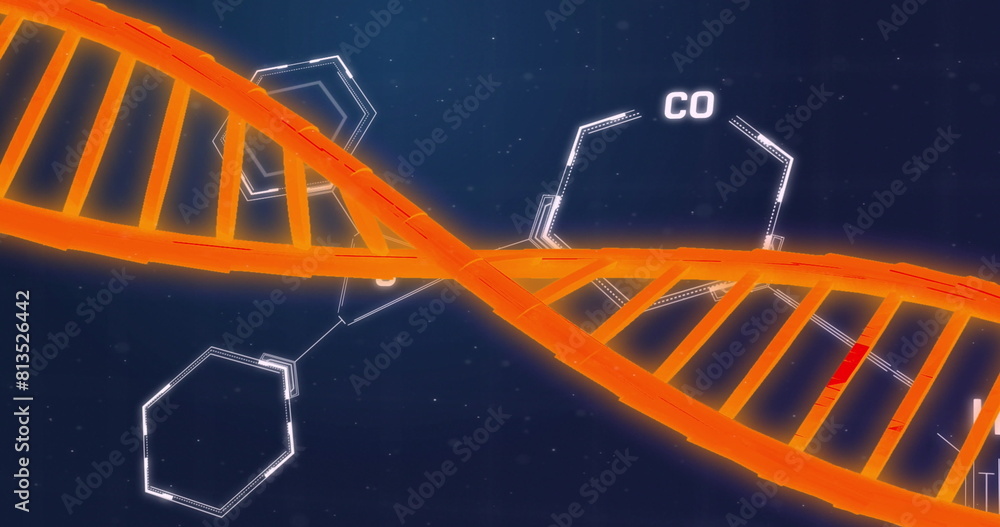Poster image of dna strand and data processing with chemical formula on black background