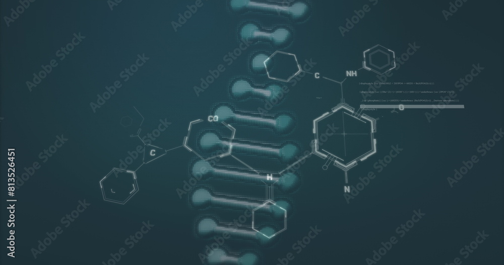 Poster image of dna strand and data processing with chemical formula on black background