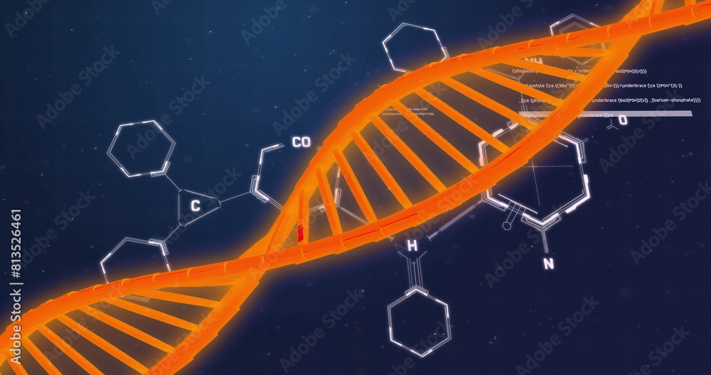 Poster image of dna strand and data processing with chemical formula on black background