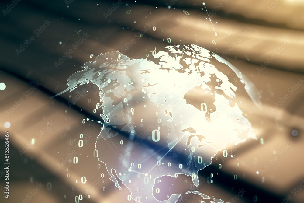 Poster abstract virtual coding concept and world map hologram on blurry abstract metal background. multiexp