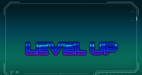 Level up text banner against abstract shapes on green and blue gradient background