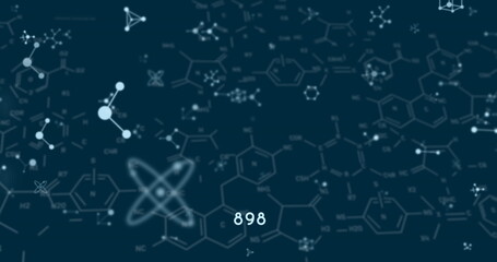 Image of molecules and chemical formula on black background