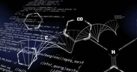 Image of dna strand and data processing with chemical formula on black background