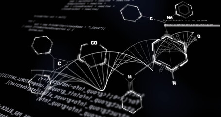 Image of dna strand and data processing with chemical formula on black background