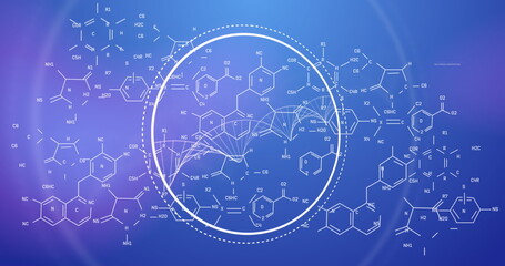 Image of data processing and chemical formula on blue background