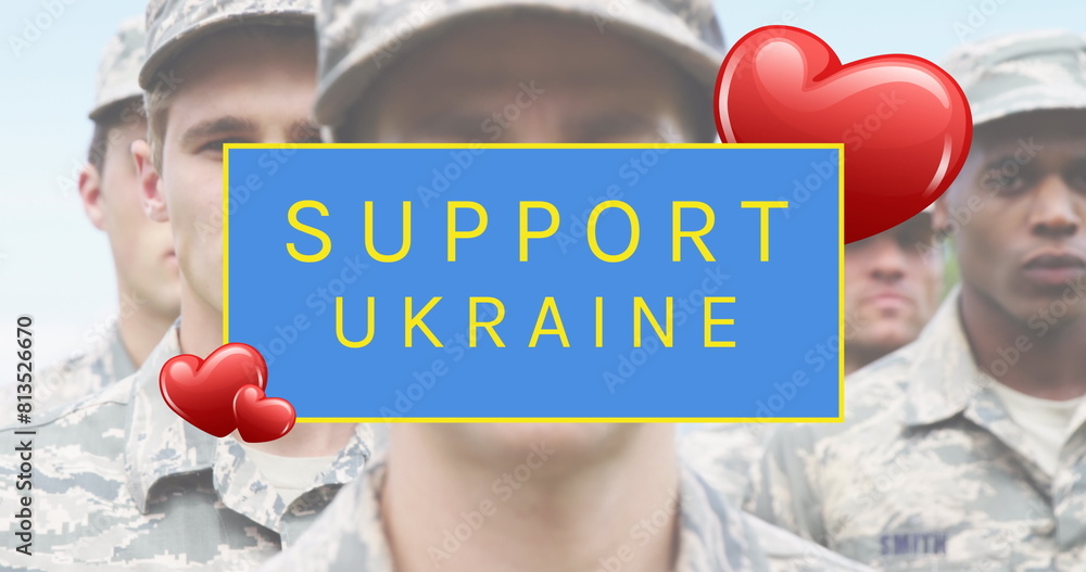 Sticker Image of hearts and supporting ukraine over diverse male soldiers