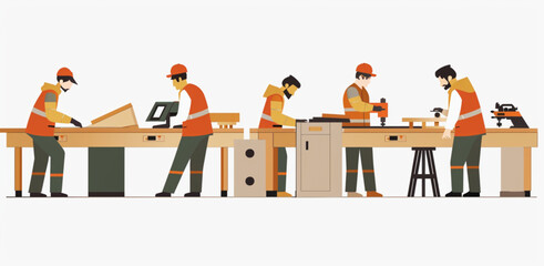 
Carpenters in workwear working with wood at their desks and using machinery in a vector illustration on a white background,