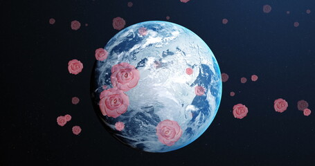 Image of falling roses over spinning globe