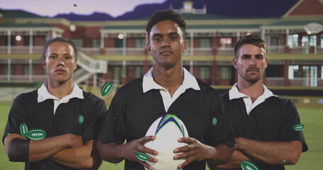 Image of diverse male rugby players with rugby balls with ireland texts over stadium