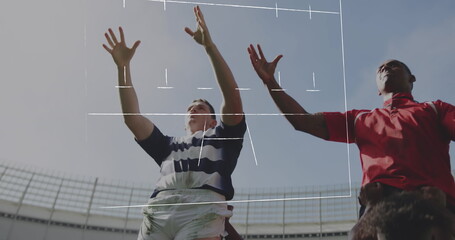 Image of game strategy over diverse male rugby players at stadium