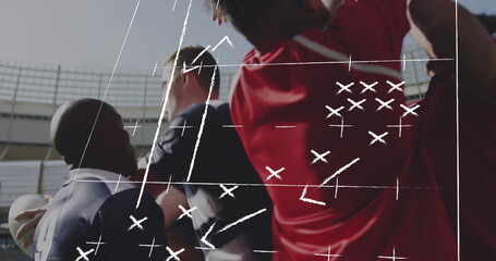 Image of game strategy over diverse male rugby players at stadium