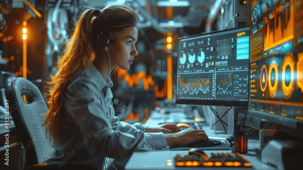 Aufkleber A professional woman working intently at her desk with a vintage computer displaying graphs, surrounded by complex retro-futuristic machinery with orange accents. Generative AI.
