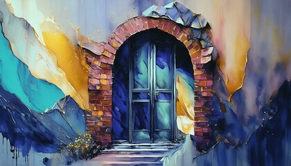 Watercolor smooth detail soft texture easy contrast Brick wall windows sliding steel door graffiti on wall unusual rock design on brick wall oil painting illustration