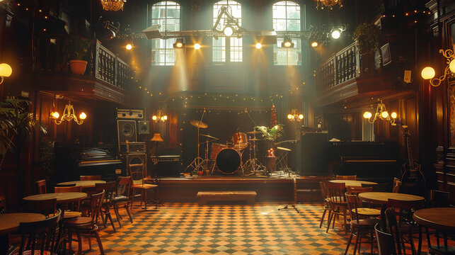Music vintage stage jazz elegant pub waiting for band. Generative AI.
