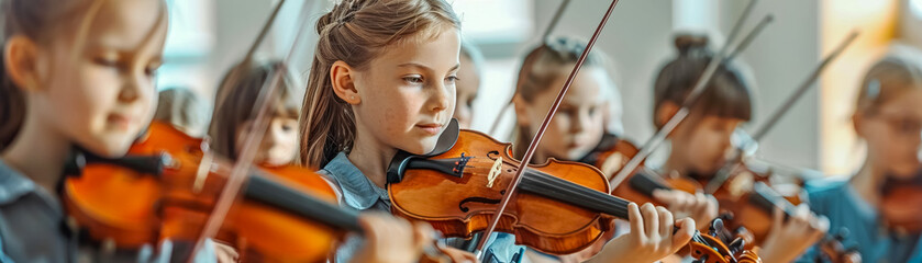 Group of children with a teacher practicing violin in a school music room filled with instruments.  negative space