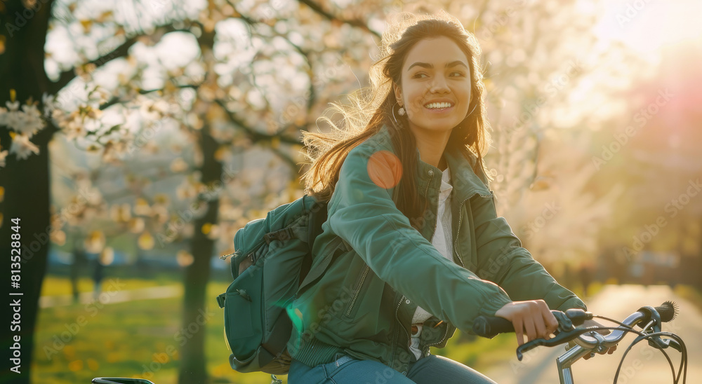 Wall mural A beautiful woman is smiling and riding her bicycle in the park, in a springtime scene with blooming trees