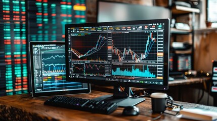 Two computer monitors on a desk show complex financial charts and trading data against a backdrop with more data screens