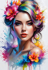 A female portrait with flowers, vibrant colors with a semi-realistic approach combined with abstract splashes.