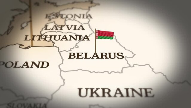 Belarus flag showing on world map with 3d rendering
