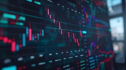 Close-up of an interactive display of stock market prices with dynamic graphs and a deep blue background, representing financial analysis and investments