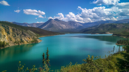 Pristine Blue Lake Surrounded by Majestic Mountains and Clouds