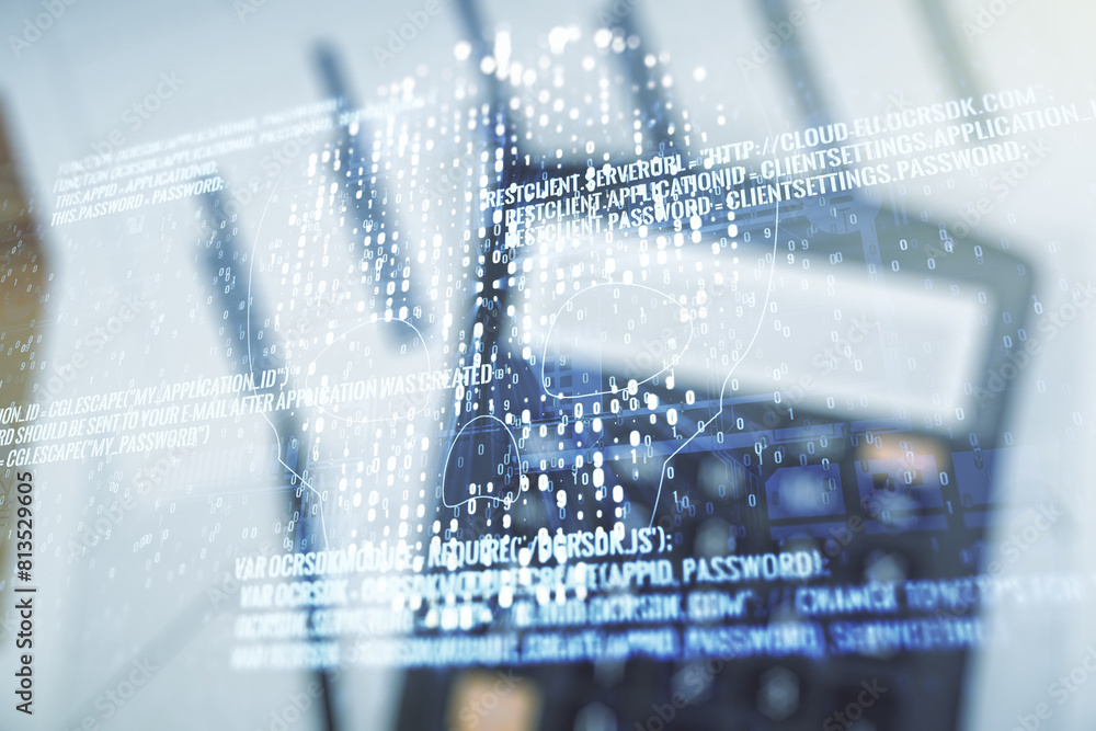Poster double exposure of abstract virtual creative code skull hologram on blurry calculator background. ma
