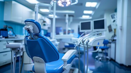 A dental clinic with blue chairs and modern equipment, symbolizing oral healthcare and hygiene. Concept of dental services.
