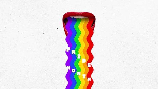 Stop motion. Animation. LGBTQ community and social movements. Female moth with rainbow colored lines with pride month text. Concept of human rights, freedom, love diversity celebration. Ad