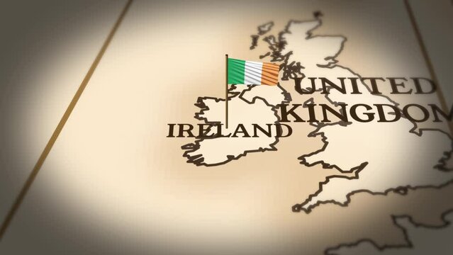 Ireland flag showing on world map with 3d rendering