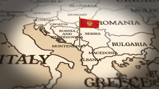 Montenegro flag showing on world map with 3d rendering
