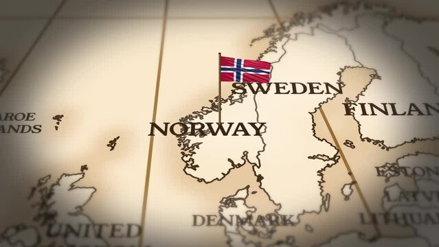 Norway flag showing on world map with 3d rendering