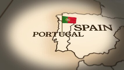 Portugal flag showing on world map with 3d rendering