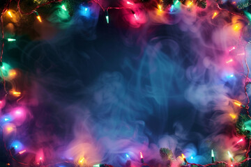 Beautiful fairy lights pattern with colorful smokes around the frame with blank center for background