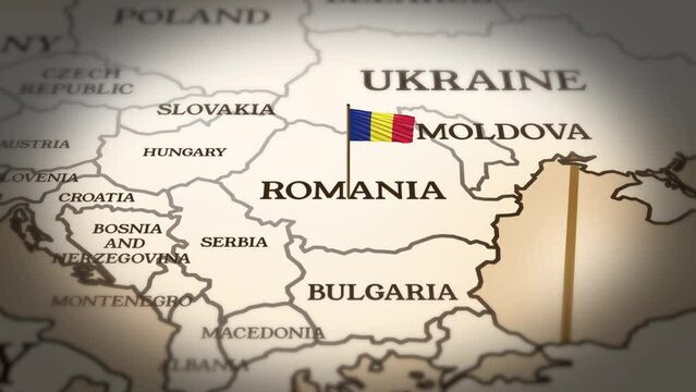 Romania flag showing on world map with 3d rendering