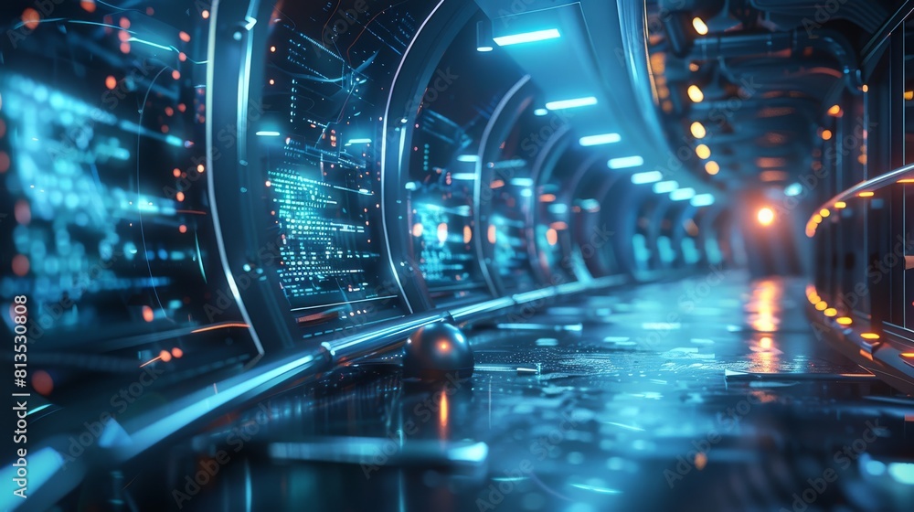 Aufkleber a futuristic tech blurry background with colors blue and turquoise neon colors. computers, phones, t